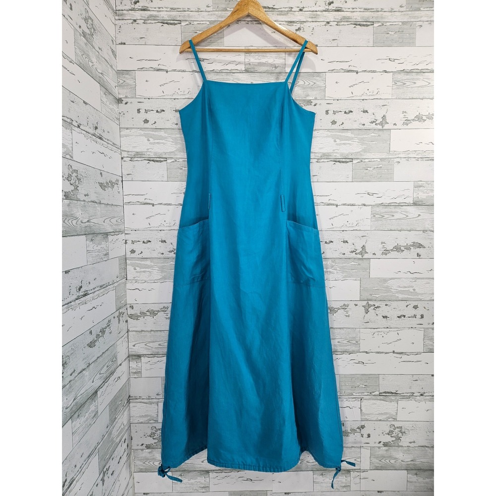 Spiegel Women Blue 100% Linen Maxi Dress Pockets Size 12